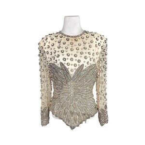 Vintage Jasmine Curtis Silk Sheer Beaded Pearl Blouse Medium READ